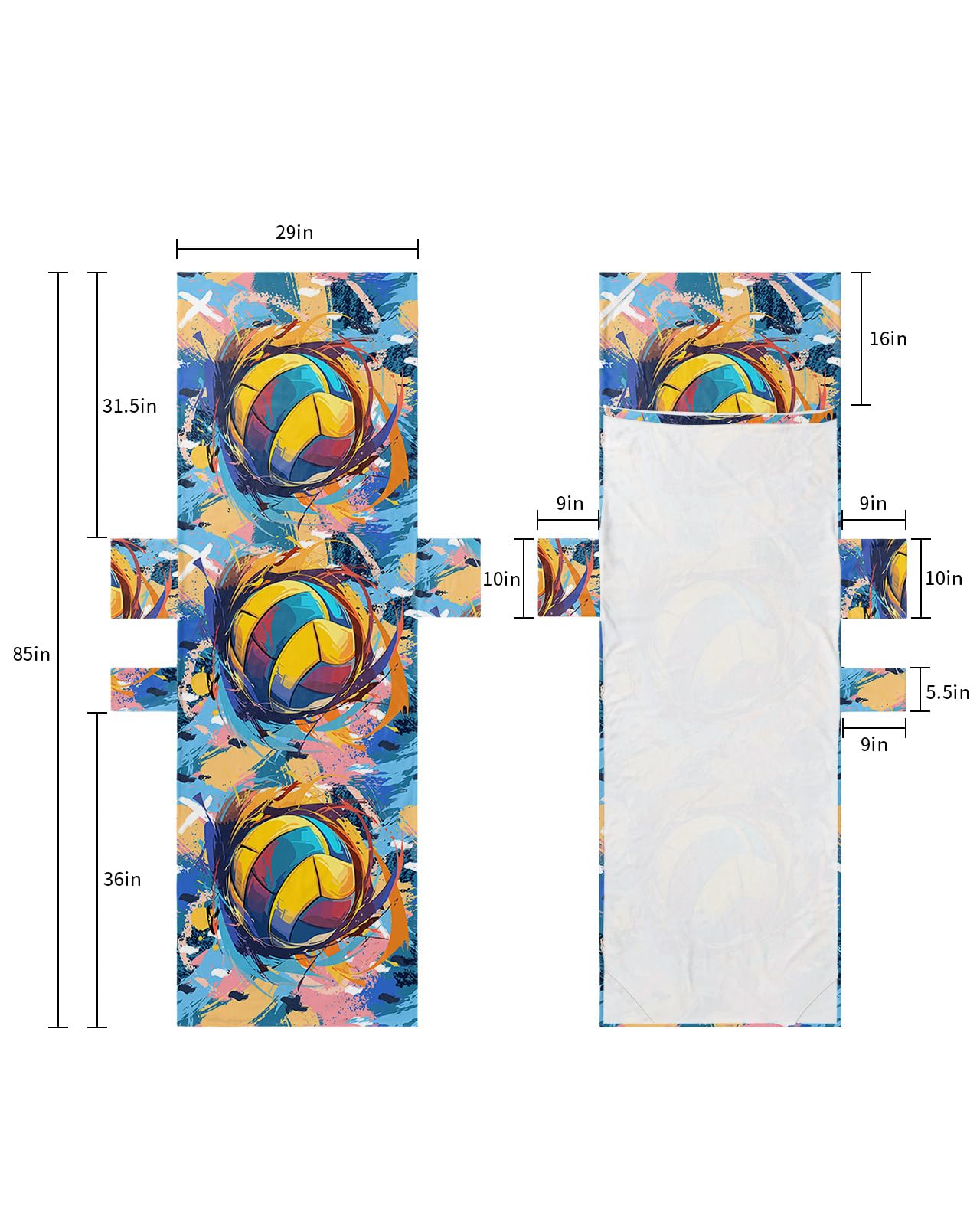 Volleyball Beach Lounge Chair Towel Cover, Soft Chaise Lounge Towel with Side Pockets Patio Pool Chairs Cover for Beach/Pool Sunbathing 29x85 Yellow Blue Pink Watercolor Abstract Art Sports