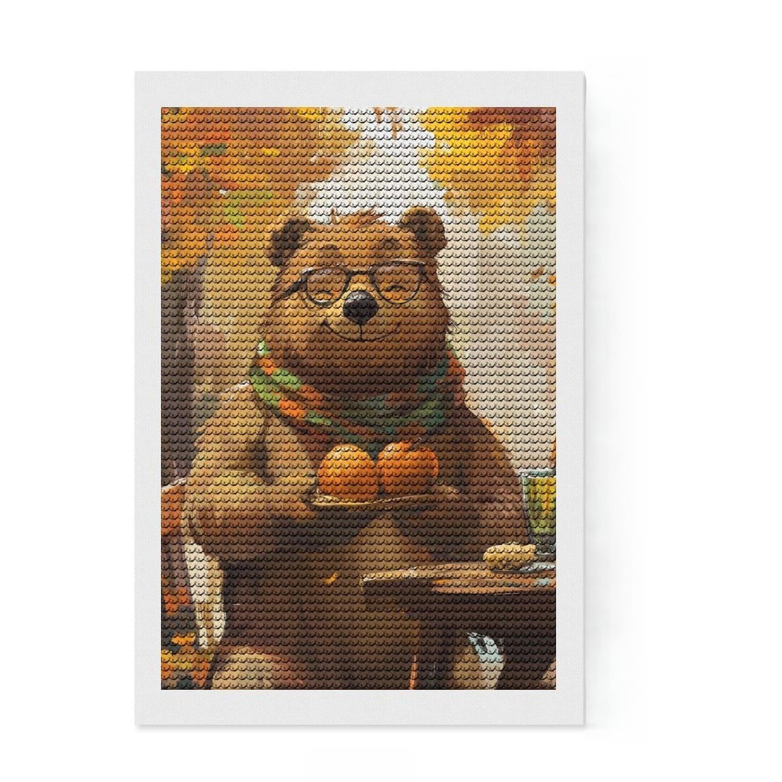 Junmoney Bears Autumn Painting Full Drill Diamond Painting Kit 8"x12", Relaxing DIY Hobby, Calming Craft to Unwind, Vintage Style Decor