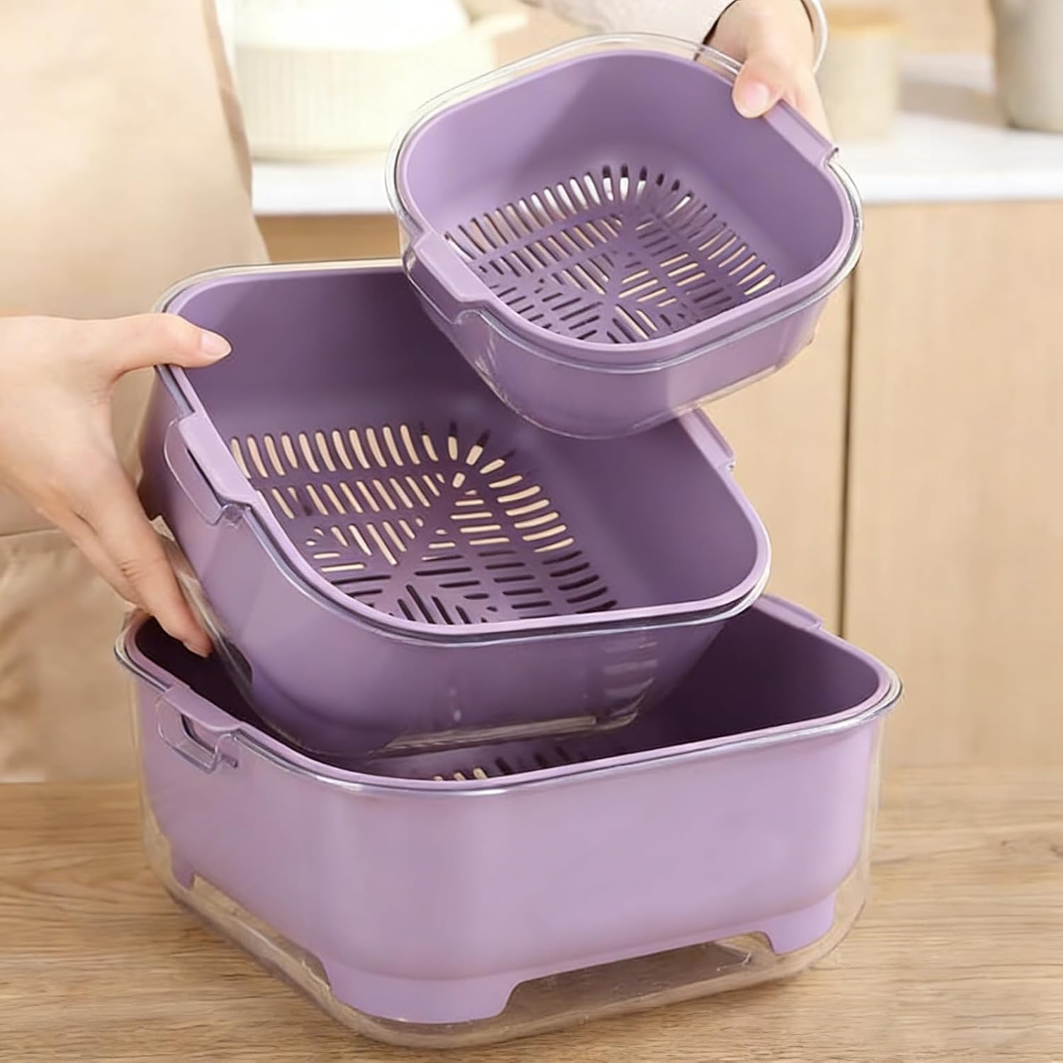 3 Pcs Set Double-Layer Plastic Colander, Large Capacity Food Strainers, Fruits Vegetable Washing Draining Basket, Detachable and Stackable Multi-Layer Strainer Bowl, Easy to Clean for Kitchen (Purple)