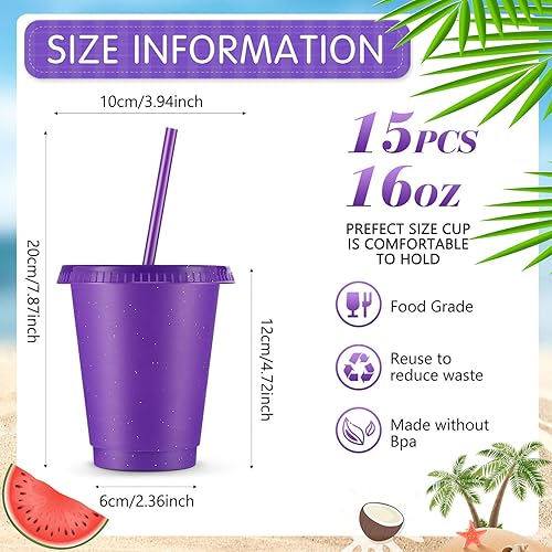 Miniatura 2 de Rtteri 15 vasos reutilizables con popotes y tapas, vasos de plástico con purpurina de 16 onzas, vasos de plástico para recuerdos de fiesta con