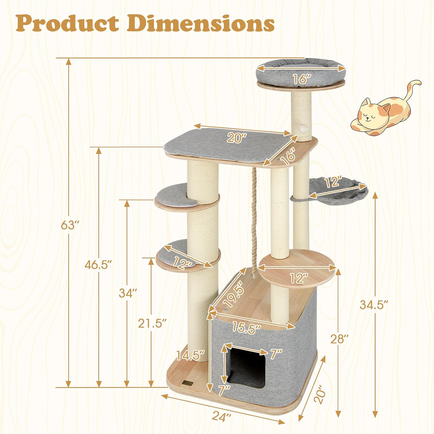 PETSITE 63 Inch Wooden Cat Tree, Multi-Level Cat Tower with Scratching Posts, Cat Condo, Side Hammock, Dangling Ball, Washable Cushions, and Sisal Rope, Modern Cat Tree Tower for Indoor Cats