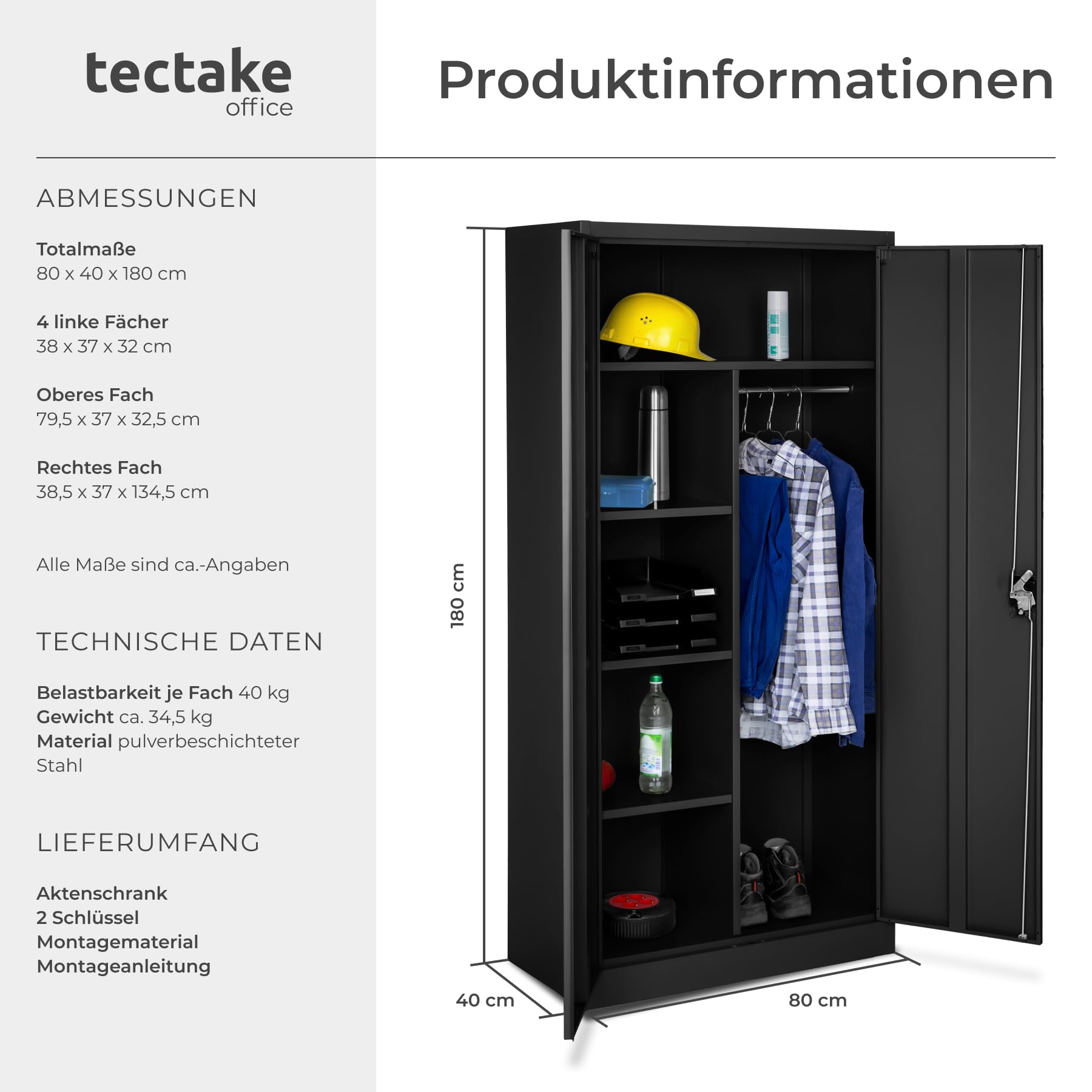 tectake Aktenschrank, Spind Schrank, Mehrzweckschrank, Garderobenschrank mit Kleiderstange, Haushaltsschrank mit 6 Fächern, Aktenschrank abschließbar, Ink. Einlegeböden,180x80x40cm – schwarz