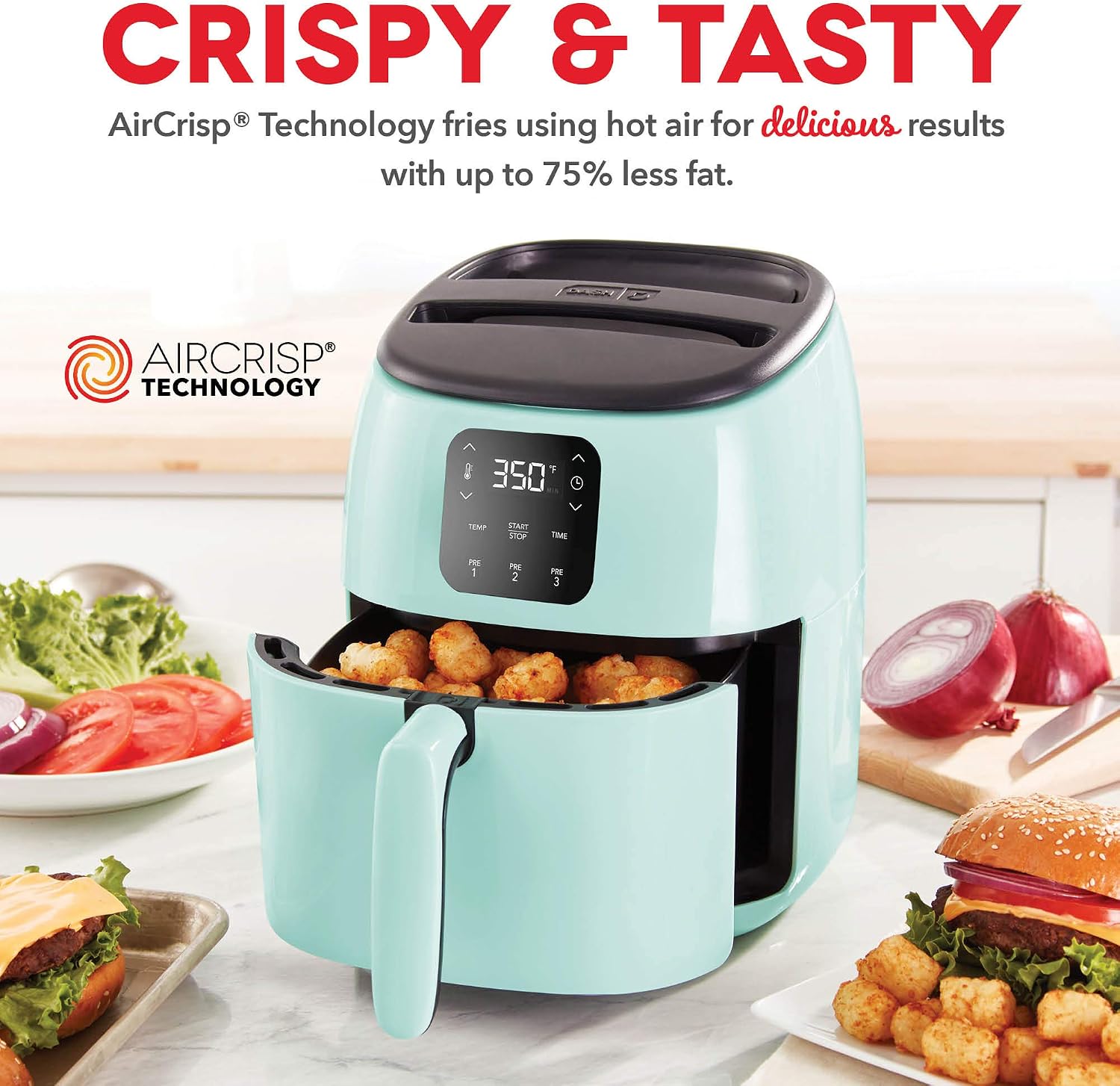 Uр Tо 40% оƒƒ Dash Tasti-Crisp Digital Air Fryer with AirCrisp® Technology, Custom Presets, Temperature Control, and Auto Shut Off Feature, 2.6 Quart - Aqua