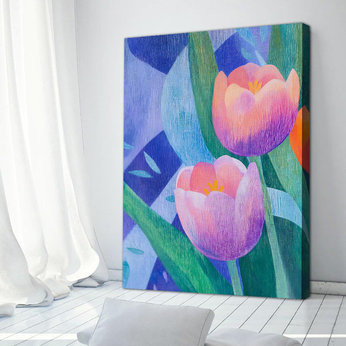 TOANGWALL Abstrakcyjny Geometryczny Tulipan Oprawiony Dzieło Płótno Nowoczesny Fioletowy Różowy Kwiat Botaniczny Zielony Liście Obraz Drukuj Giclee Plakat do Sypialni Biura Dekoracja 60x90cm