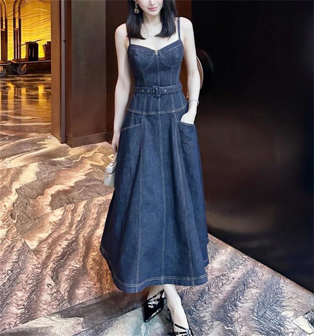 Women Summer Travel High Waist Denim Suspender Dress Sexy Midi Slip Style with Belt