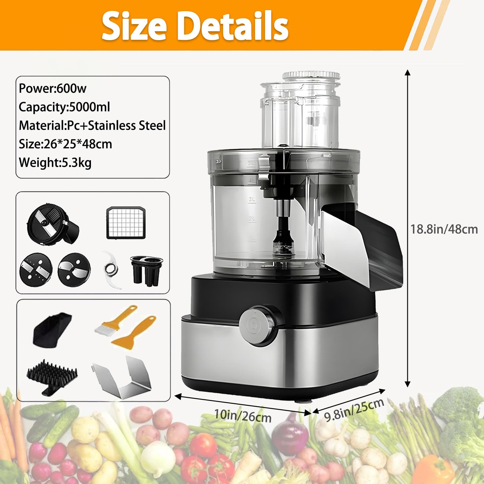 Triturador De Verduras Multifuncional, Rallador, Picadora De Carne Multifuncional, 5 L,600 W,para Cebolla, Ajo, Zanahoria, Patata, Fruta Specification1