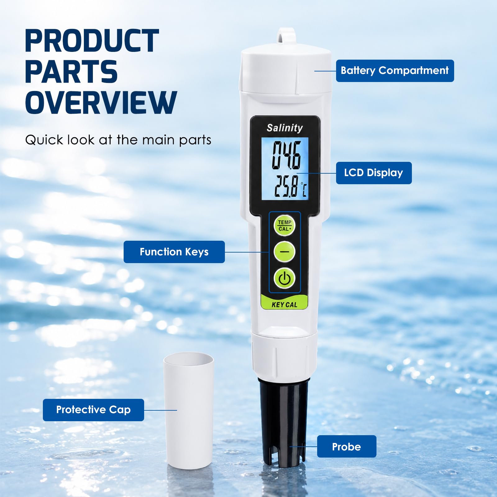 TEKCOPLUS Testeur de salinité 2 en 1 0–199,9 PPT avec ATC, testeur de salinité et de température numérique pour aquarium, réservoir marin, étang à poissons et piscine, eau de mer salée, hydroponie