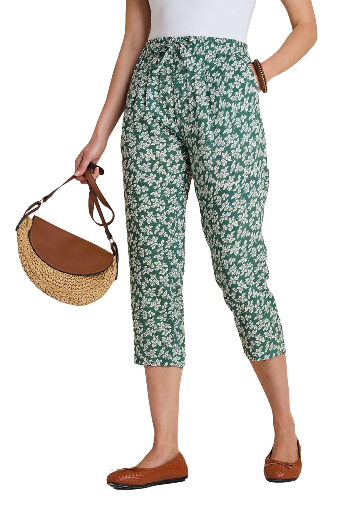 Chums Ladies Viscose Crop Print Trousers, Lightweight 21" Cropped Summer Trousers with Elasticated Drawcord Waist & Pockets, Stylish Printed Khaki 14