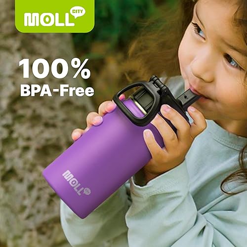 Miniatura 8 de Botella de agua aislada para niños con popote - 18 oz de acero inoxidable con doble pared, aislada al vacío, de boca ancha, para la escuela -