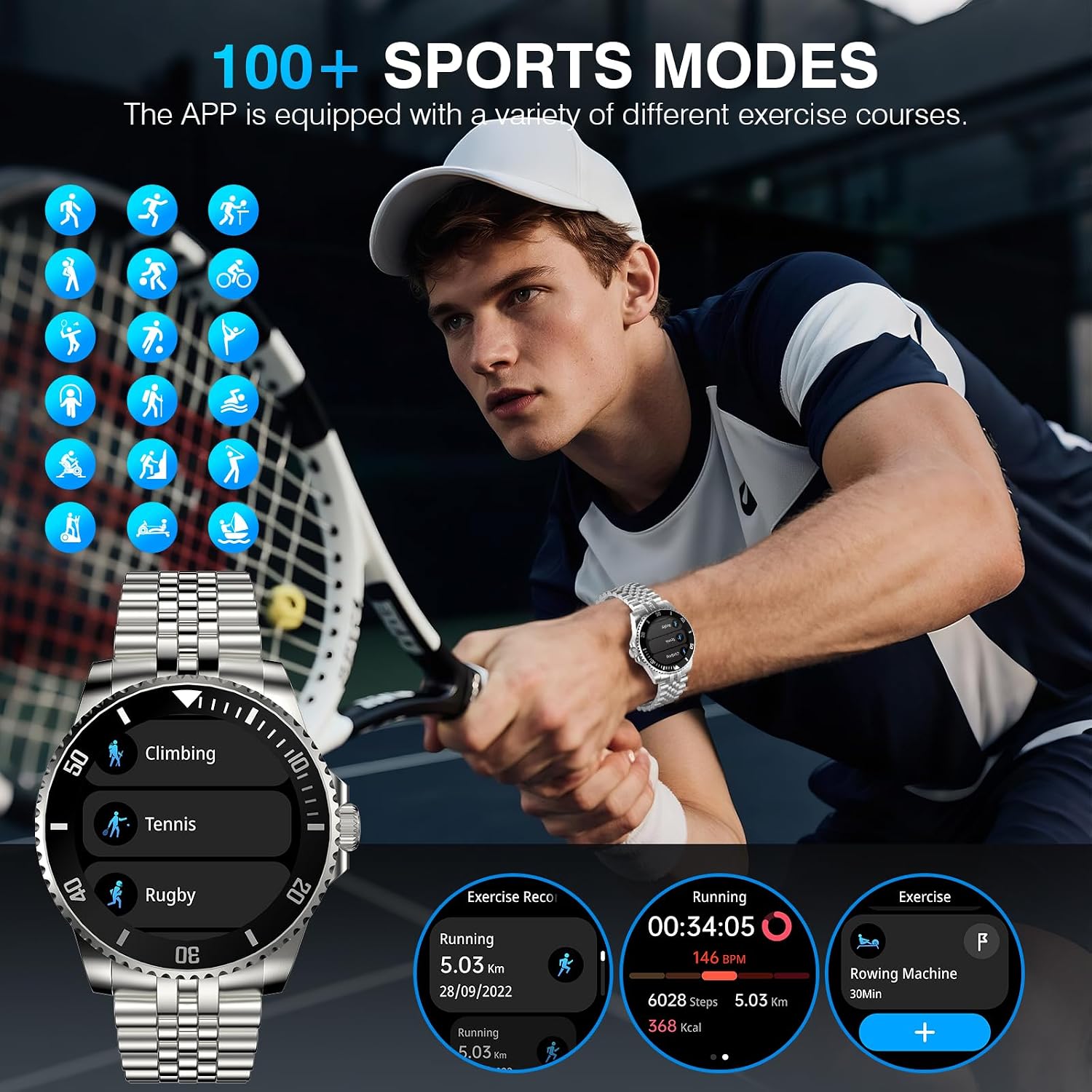 SOUYIE GPT AI Luxury Smart Watch, 24/7 Heart Rate, Blood Oxygen, Blood Pressure, Sleep Monitor, Waterproof Smartwatch, 1.19-inch AMOLED 44mm, 107 Sports Modes, Compatible Android and iOS Silver Black