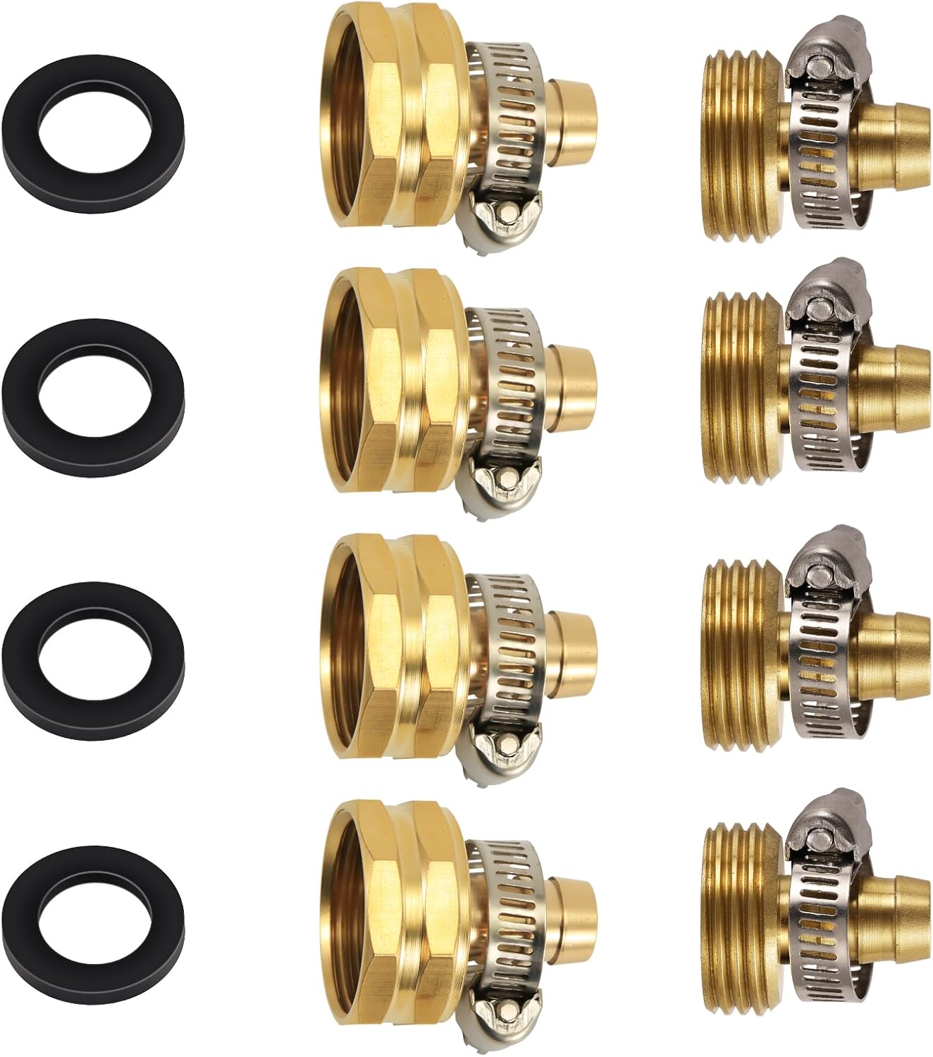 4 Sets 1/2 inch Garden Hose Repair Kits, Brass Water Hose Mender Male and Female Hose Connectors with Clamp and Washer Water Hose End Replacement for Garden Water Hose Fitting (Style 2)