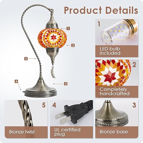 Miniatura 5 de Yarra-Decor Lámpara de mesa de mosaico turco marroquí con base de bronce, 3 opciones de color, hecha a mano, cuello de cisne, mosaico Tiffany,