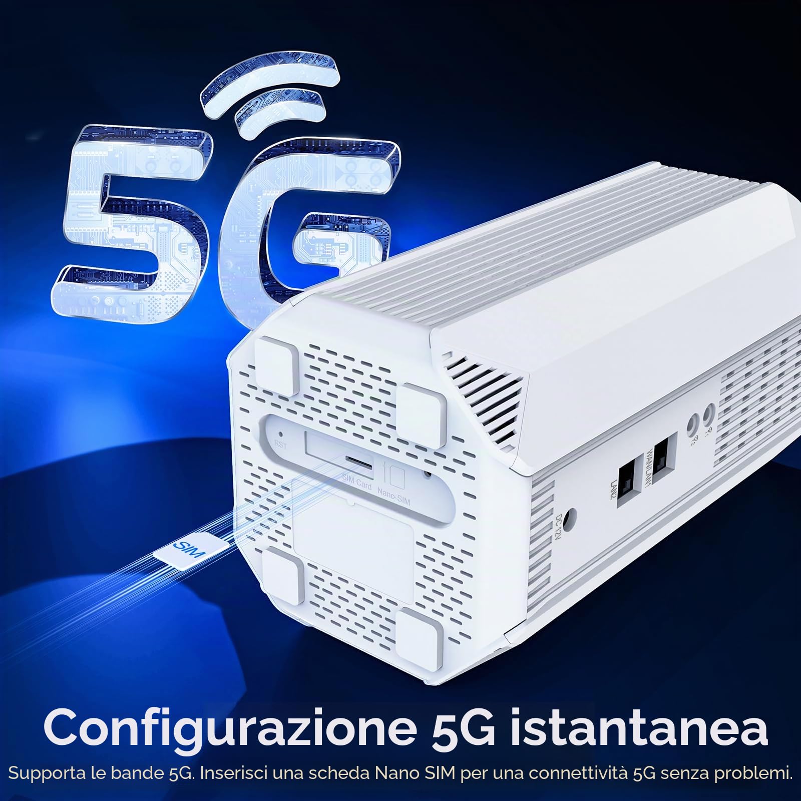 WAVLINK WiFi 6 AX3000 Router 5G con Slot SIM, 3,4 Gbps 5 G NR + 2975 Mbps WiFi 6, Supporto SA/NSA, 2 Porte Antenna Cellulare 5G, Porta Gigabit WAN/LAN, Slot per Scheda Nano SIM, VPN