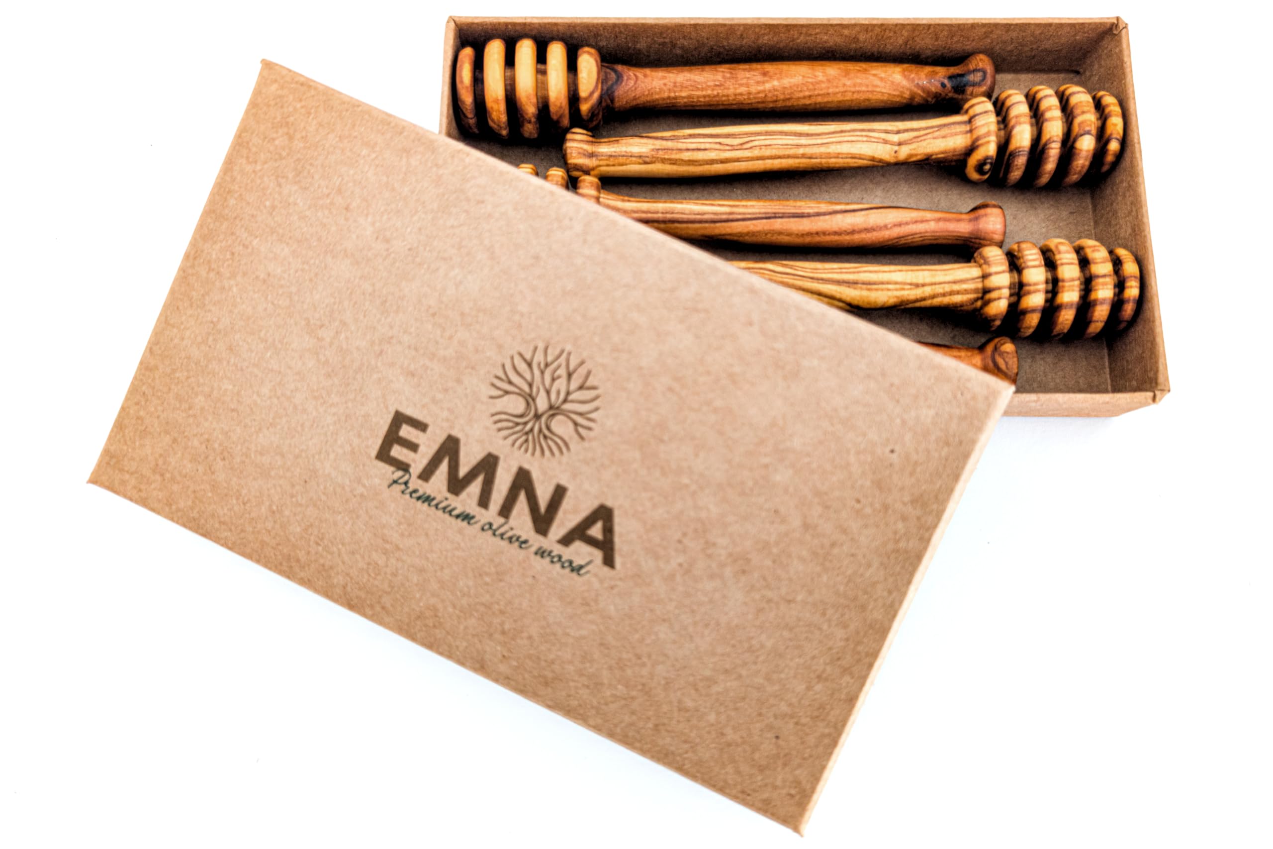 Cuillères à miel bois d'olivier EMNA faites main en coffret cadeau de prestige