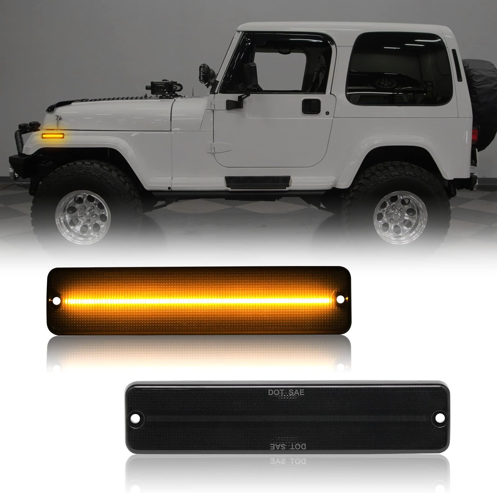 Aexploer LED Side Marker Lights Replacement Compatible with Wrangler YJ 1987-1995,Amber Yellow Front Fender Bumper Marker Lamps Lights Assembly OE Side Markers Replacement 56001424(Smoked Lens)