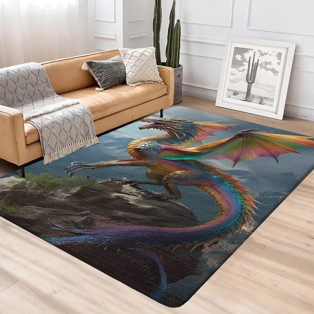 Cute Dragon Rug For Boys Girls Room - Rainbow Dragon Area Rug, Dragon Rugs for Bedroom, Printed Dragon Rugs, Cool Dragon Rug Non Slip for Living Room, Soft Outdoor Large Dragon Rug 5x8 Washable