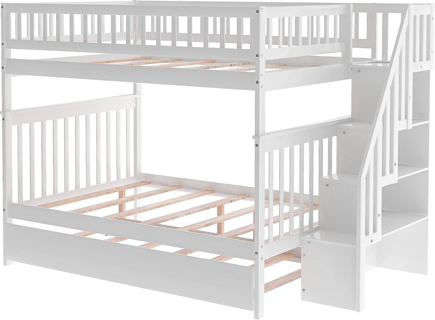 MERITLINE Stackable Full Over Full Bunk Bed with Twin Trundle and Stairway, Wood Full Over Storage Trundle Bunk Bed Frame for Kids, Separate to 2 Full Beds, White