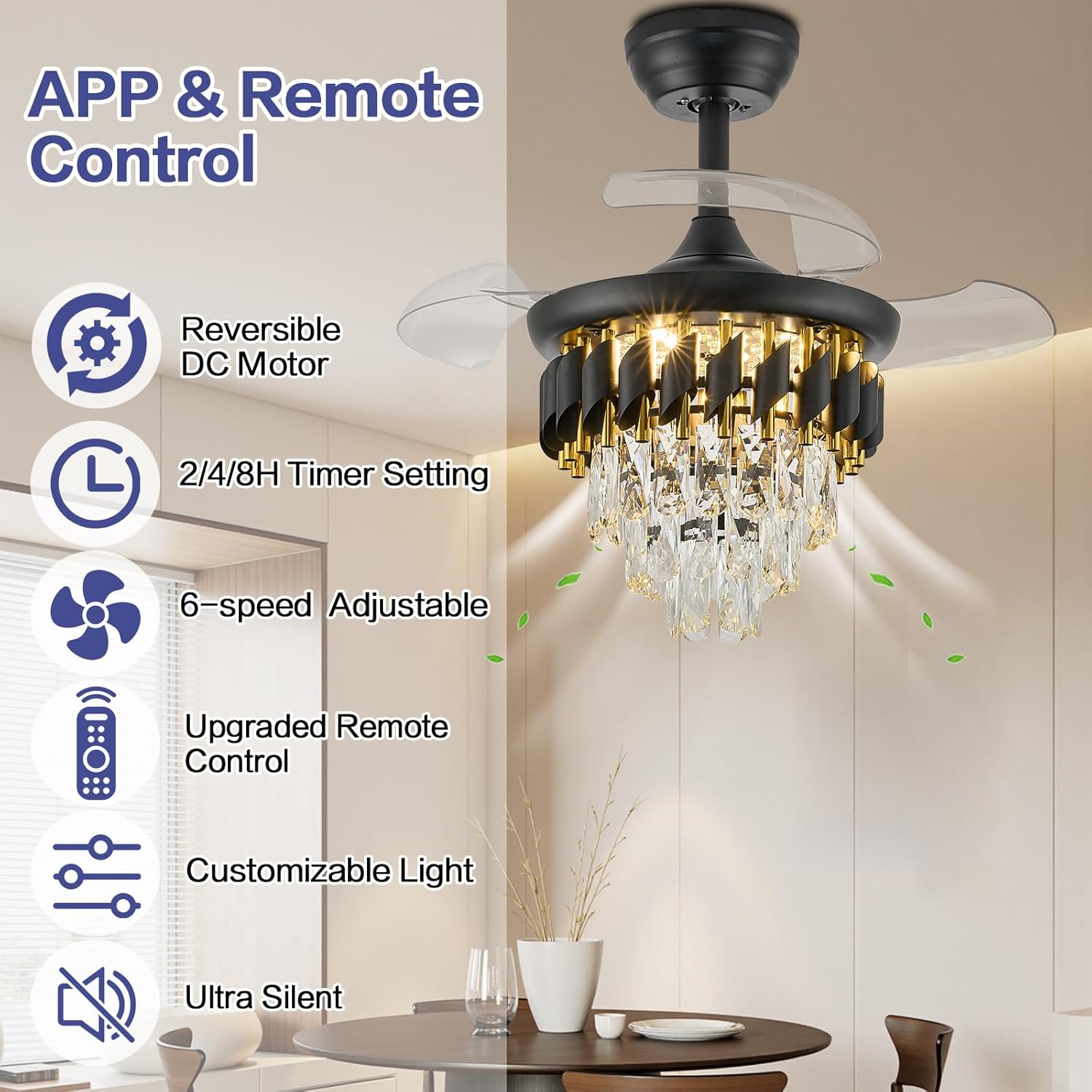 30 Inch Retractable Blade Dimmable Fandelier Ceiling Fan with Light, Crystal Chandelier Ceiling Fan with APP/Remote Control, 6-Speed, Quietness, Reversible for Bedroom, Living Room, Black