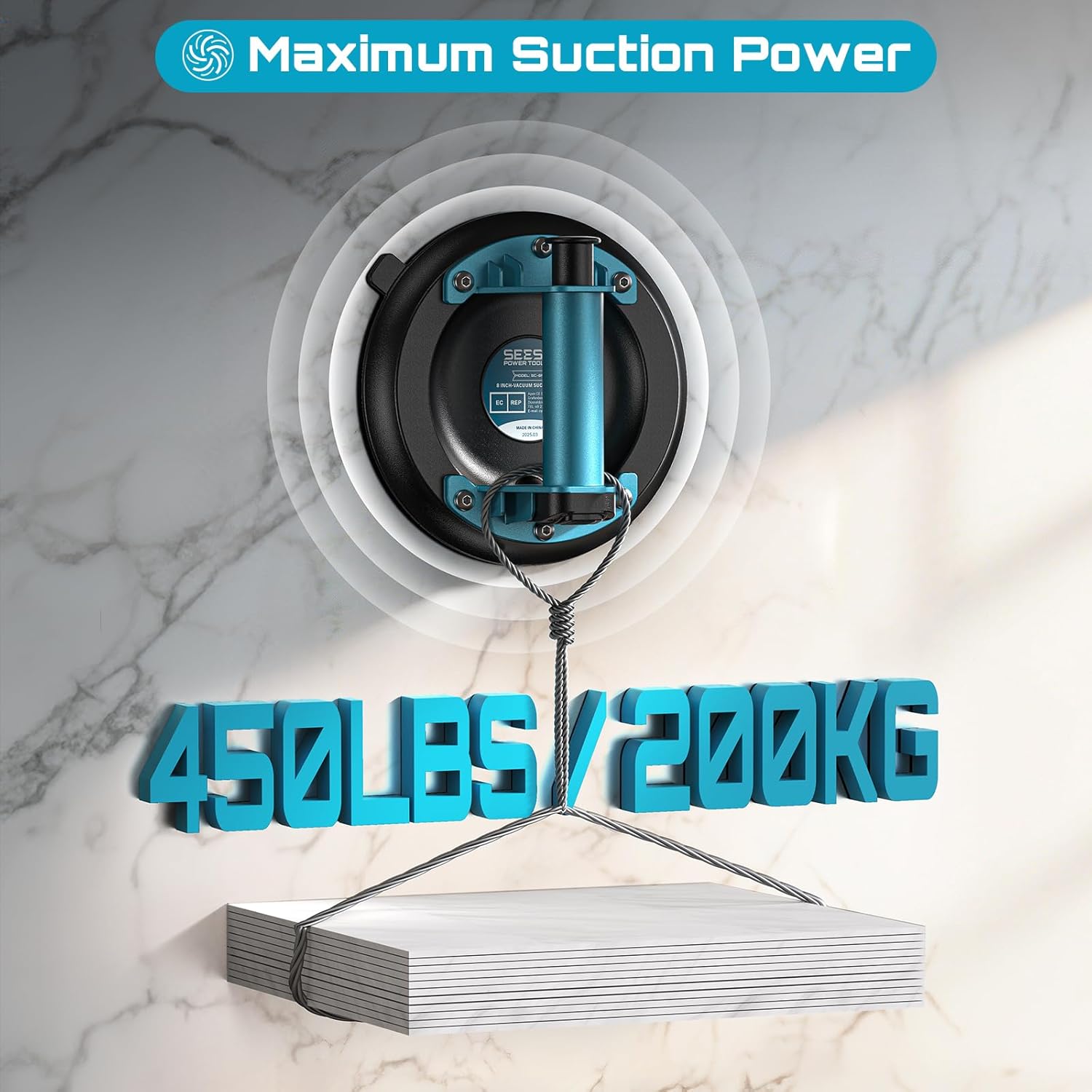SEESII Suction Cups for Glass Lifting: 8" Tile Suction Cup Lifter with Handle and Pump, 200KG Load Capacity Heavy Duty Vacuum Lifter for Lifting Large Tile, Granite, Metal, Windows (2-Pack)