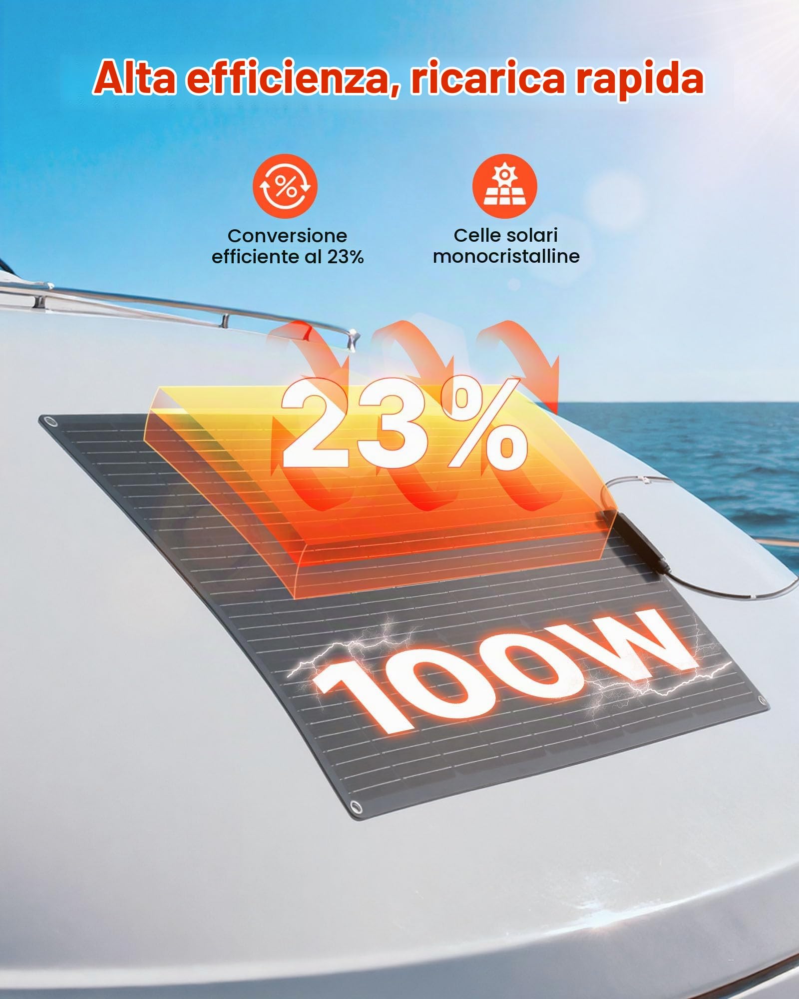 VEVOR Pannello Solare Monocristallino Semi-Flessibile da 100 W, Caricabatterie Mono Off-Grid con Alta Efficienza con Uscita MC4, Impermeabile IP67 per Superfici Curve di Cabine di Camper e Auto