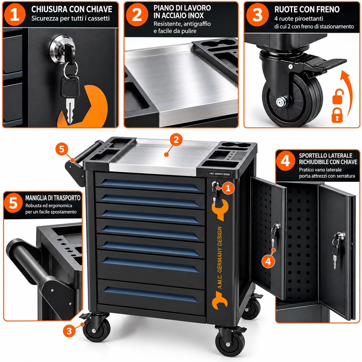 A.M.C. Carrello porta attrezzi completo di utensili con ruote e struttura rinforzata 7 cassetti Pieni di attrezzi professionali 256 pezzi di utensili Strumenti e minuteria inclusi Chiave Dinamometrica