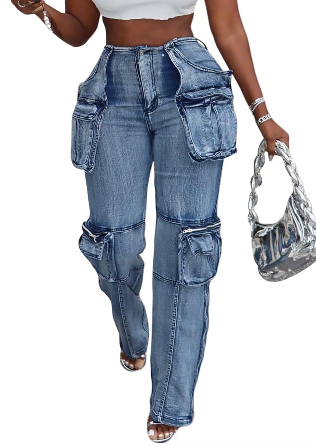 Ryehack Jeans Cargo Pants for Women Y2K Straight Leg Side Zipper Denim Pants with Pockets Stretch Jeans Streetwear