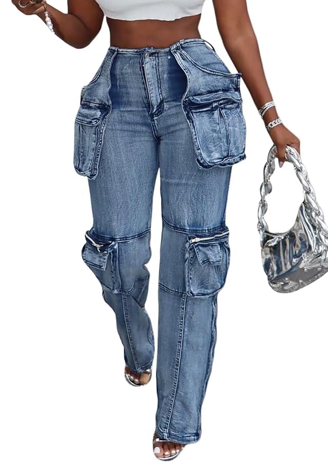 Ryehack Jeans Cargo Pants for Women Y2K Straight Leg Side Zipper Denim Pants with Pockets Stretch Jeans Streetwear