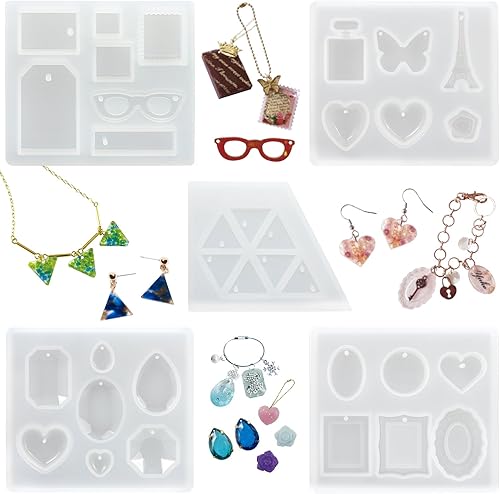Funshowcase Molde de silicona epoxi de resina con pieza de joyería para colgante y llavero, proyectos de manualidades, 5 en juego