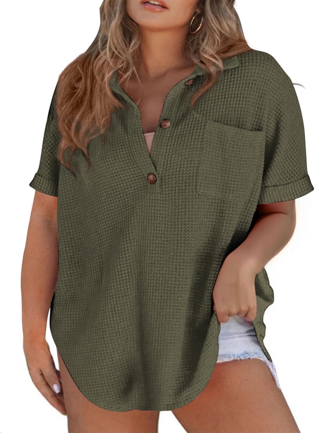 Eytino Plus Size Button Down Shirts for Women Casual Waffle Knit Tops Short Sleeve V Neck Dreesy Blouse Tunic(1X-5X)