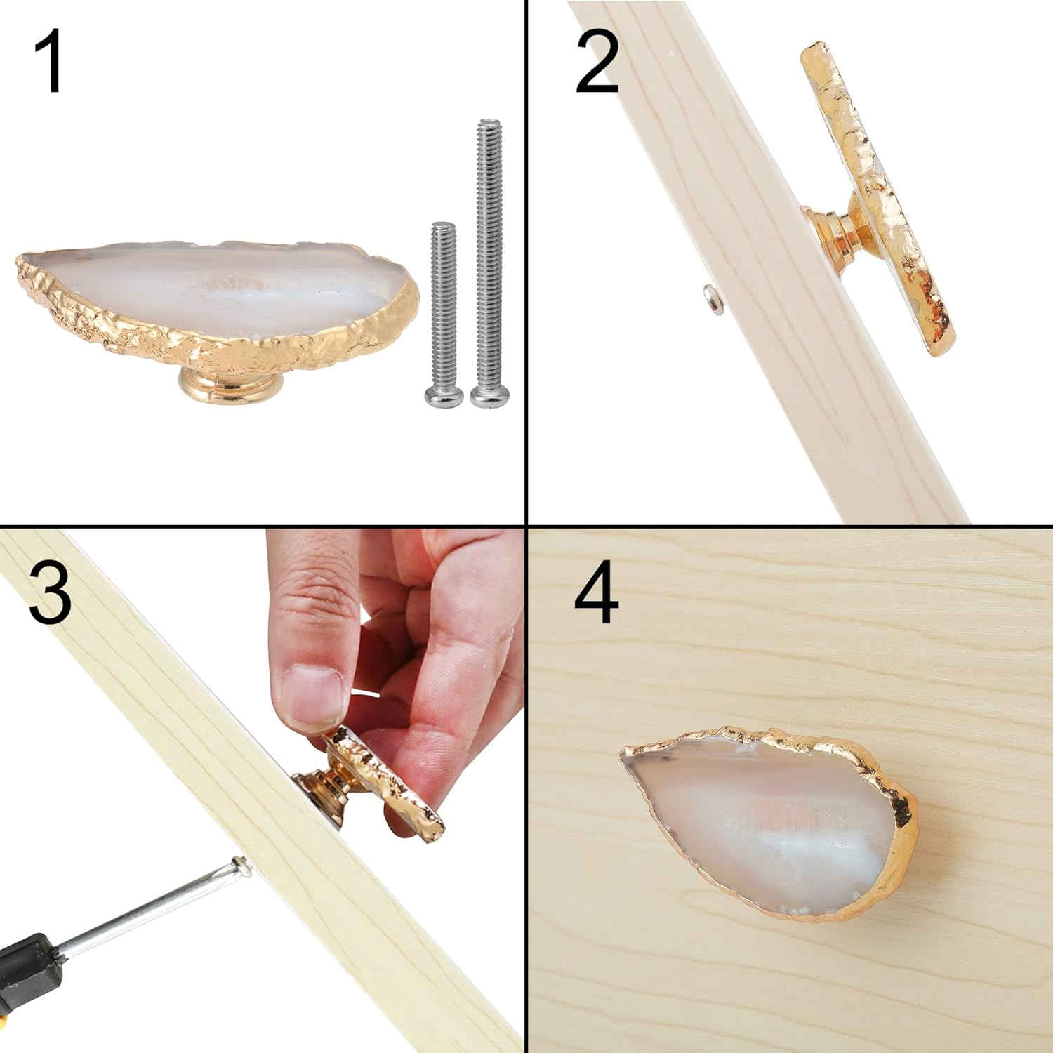 Malimali Unique White Agate Cabinet Knobs and Pulls Set of 4,Knobs for Cabinets and Drawers Gold Dresser Knobs Bifold Door Knob for Closet Kitchen Cupboard