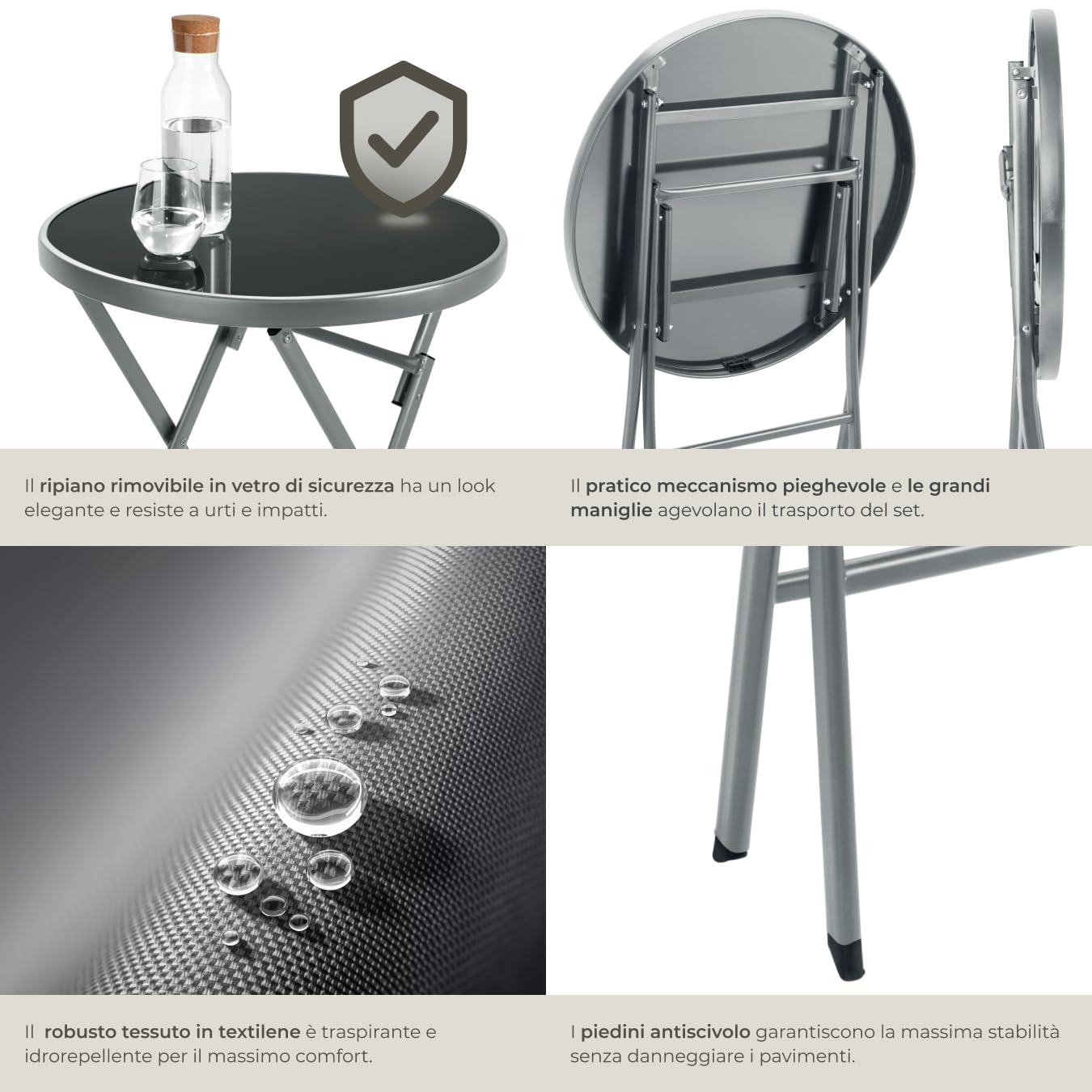 Set da Balcone Düsseldorf Tavolino Salotto con Piano in Vetro e 2 Sedie Mobili da Giardino con Telaio in Acciaio Richiudibile Trasportabile Design Moderno Grigio