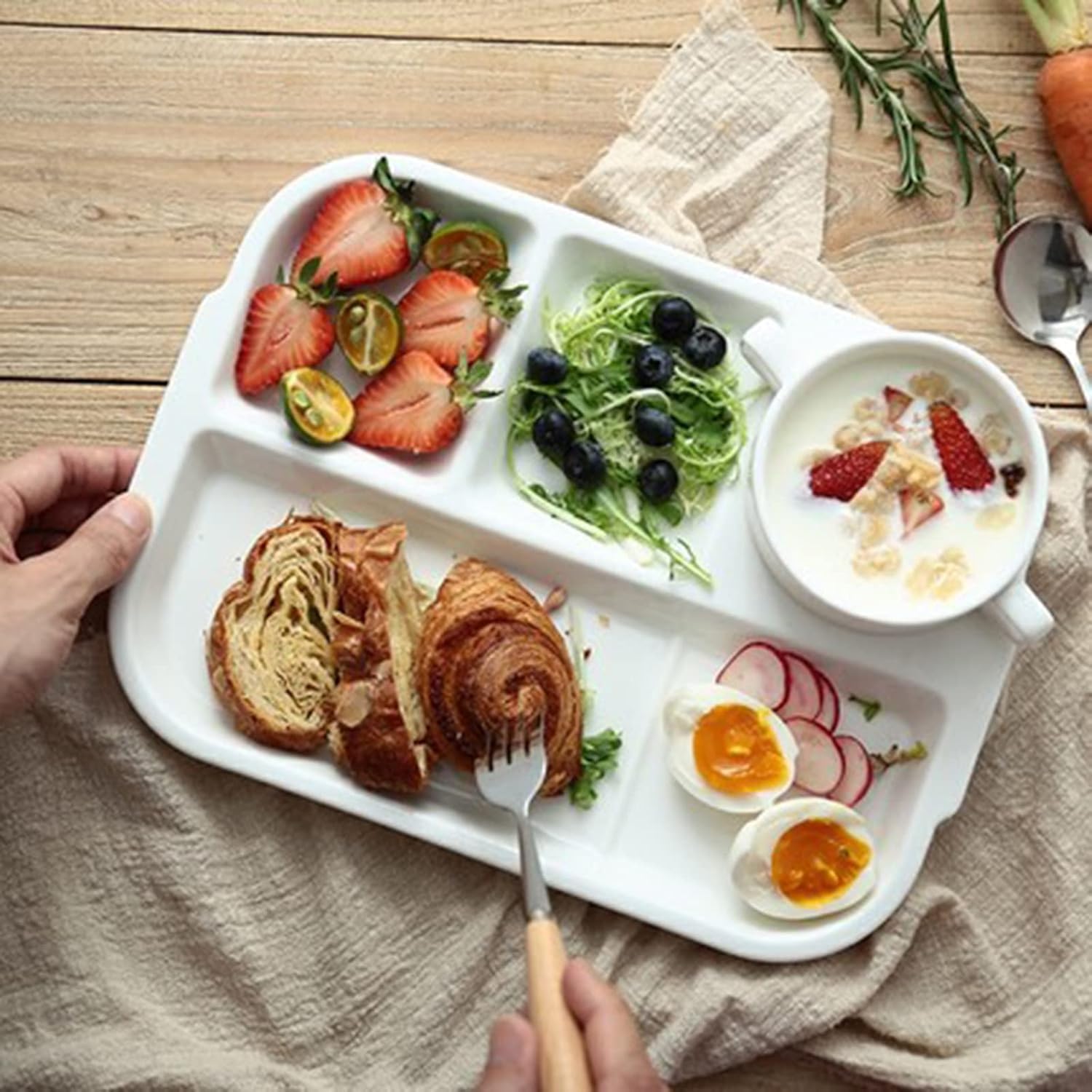 TOPZEA 4 Pack Divided Dinner Trays, Ceramic Serving Platter Dinner Plates with 4 Compartments Partition Fast Food Lunch Tray for Portion Control, Fondue Plates with Vinegar Sauce Dish