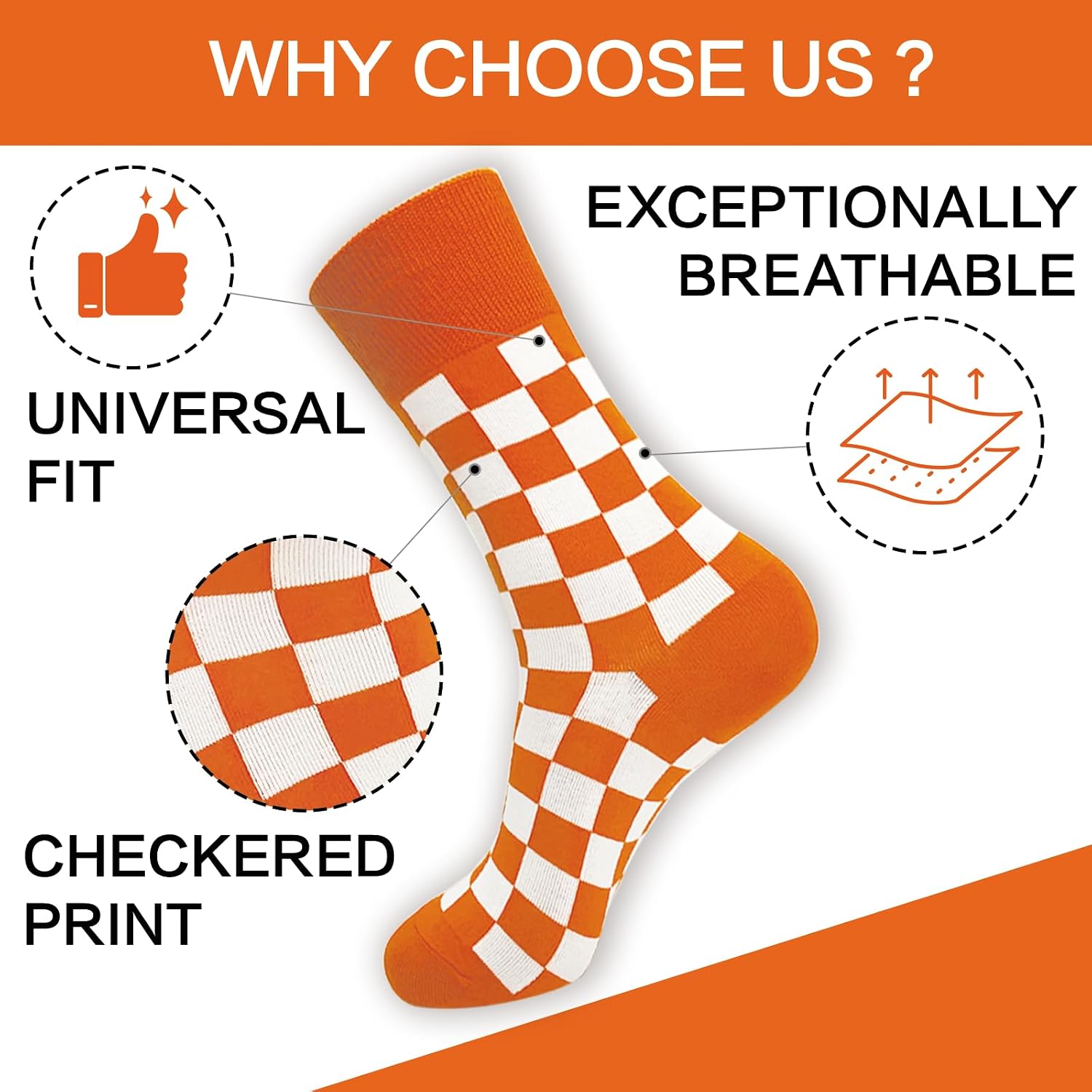 2 Pairs Orange and White Checkerboard Socks for Men, Size 6-10