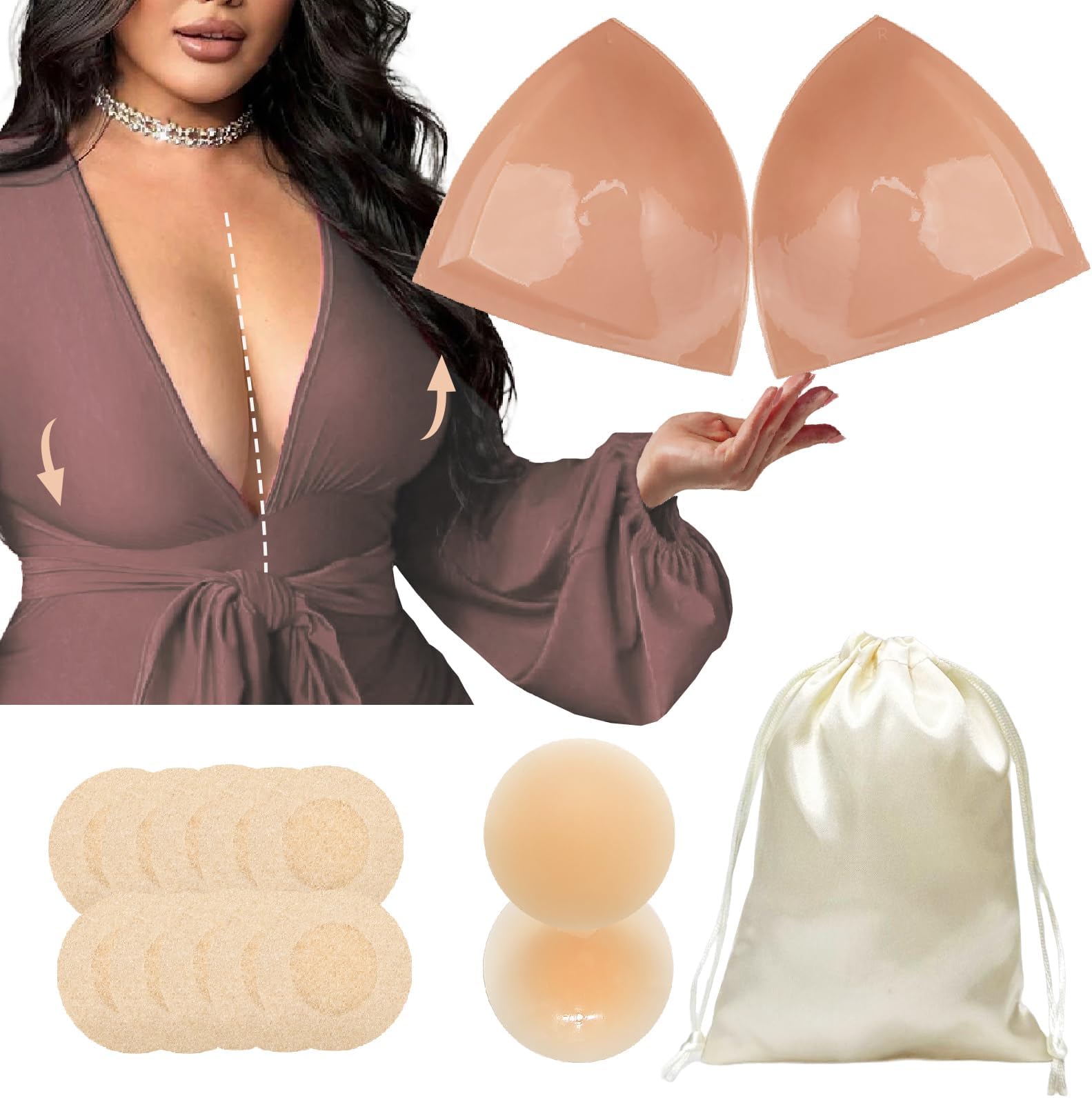 - Double-Sided Sticky Bra Lift Inserts | Lightly Padded Push-Up Adhesive Bra for Large Bust | Reusable Insert Pads