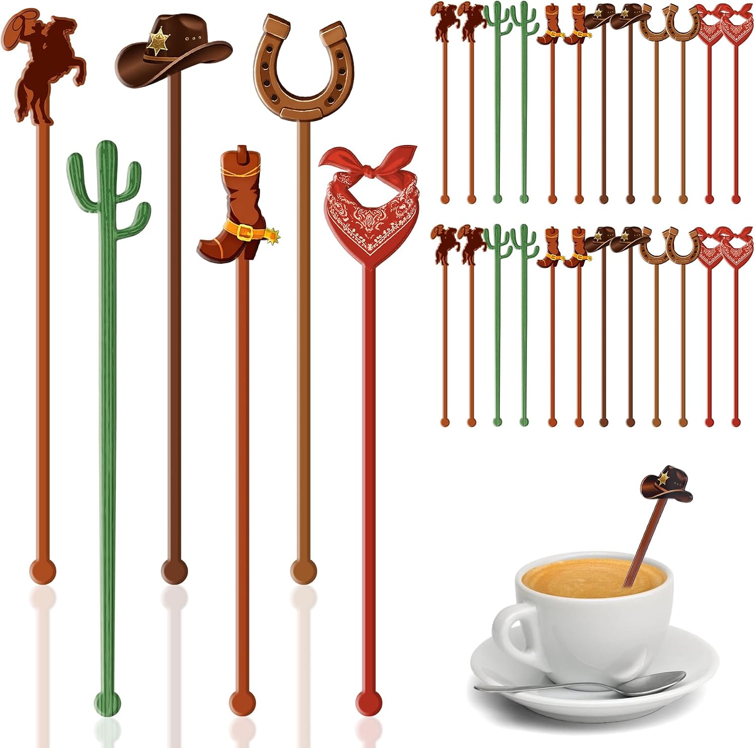 30 Pcs Cowboy Cocktail Stirrers Western Rodeo Cowboy Cactus Horseshoe Coffee Stir Sticks Acrylic Drink Stirrers for Wild West Theme Party Decorations Coffee Tea Hot Cocoa Bar Favors
