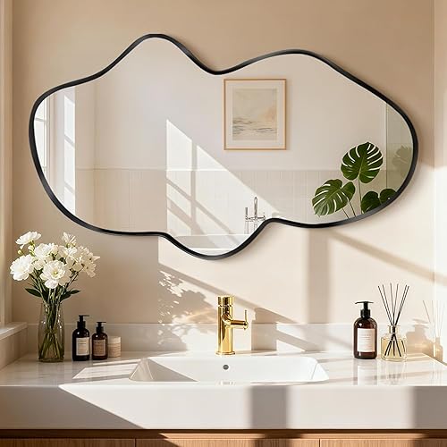 Miniatura 10 de Espejo de pared irregular, espejo abstracto ondulado dorado para baño sobre el fregadero, espejo de pared decorativo en forma de nube, elegante