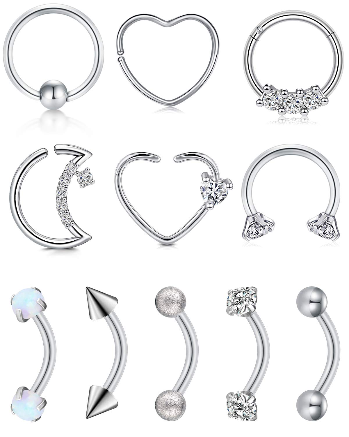 Briana Williams Rook Daith Piercing Jewelry Heart Moon Shape Rook Daith Earrings for Women Surgical Steel 16G Curved Barbell Eyebrow Rings Surface Tragus Piercing Jewelry Small Belly Lip Rings