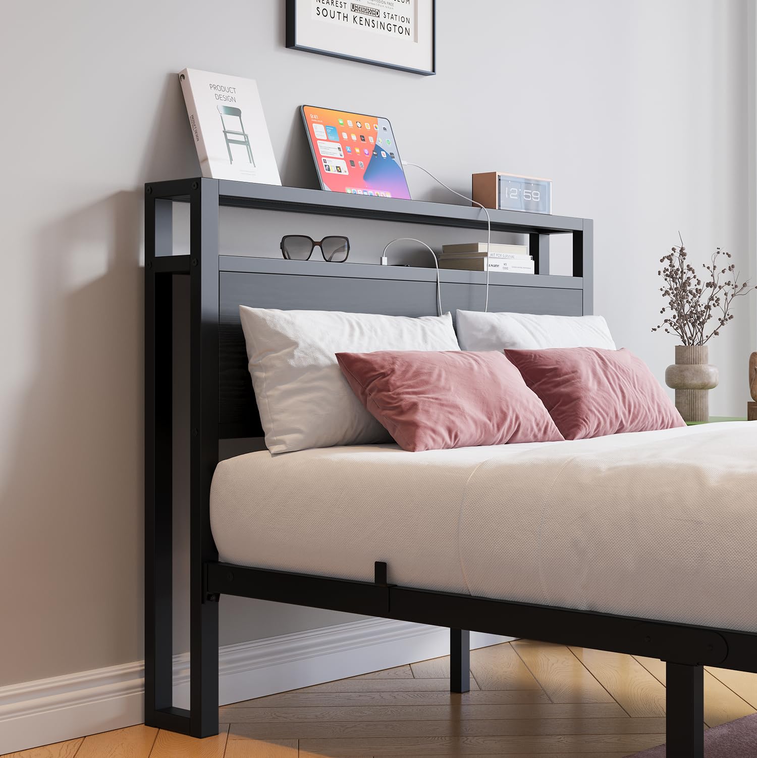 HOJINLINERO Telaio letto in metallo 120 x 200 cm, con rete a doghe e funzione di ricarica USB, letto moderno per gli ospiti, 120 x 200 cm, con testiera, telaio in metallo e legno, per camera da letto