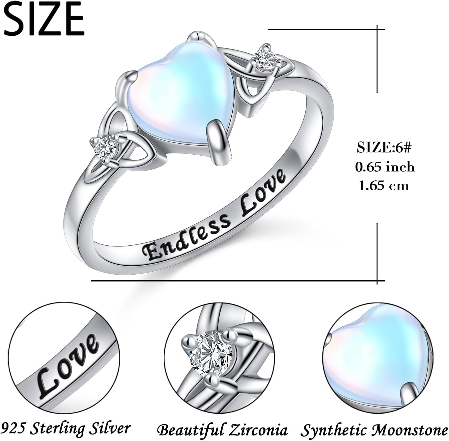 DAOCHONG Celtic Knot Ring For Women Heart Trinity Rings 925 Sterling Silver Infinity Moonstone Vintage Engagement Celtic Jewelry High Polish Tarnish Resistant Eternity Wedding Band Stackable Ring