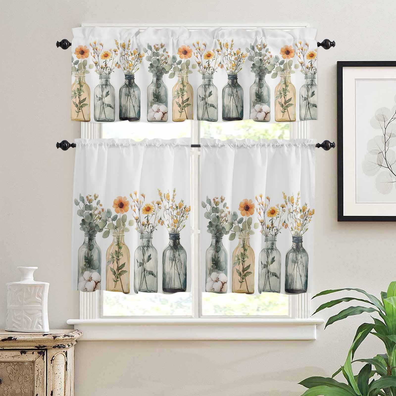 Eucalyptus Flower Kitchen Curtains 36 Inch Length,3 Piece Rod Pocket Small Half Tiers and Valance Set,Orange Floral Sage Green Leaf Daisy Small Large Window Treatment Decor for Bedroom/Bathroom Sink