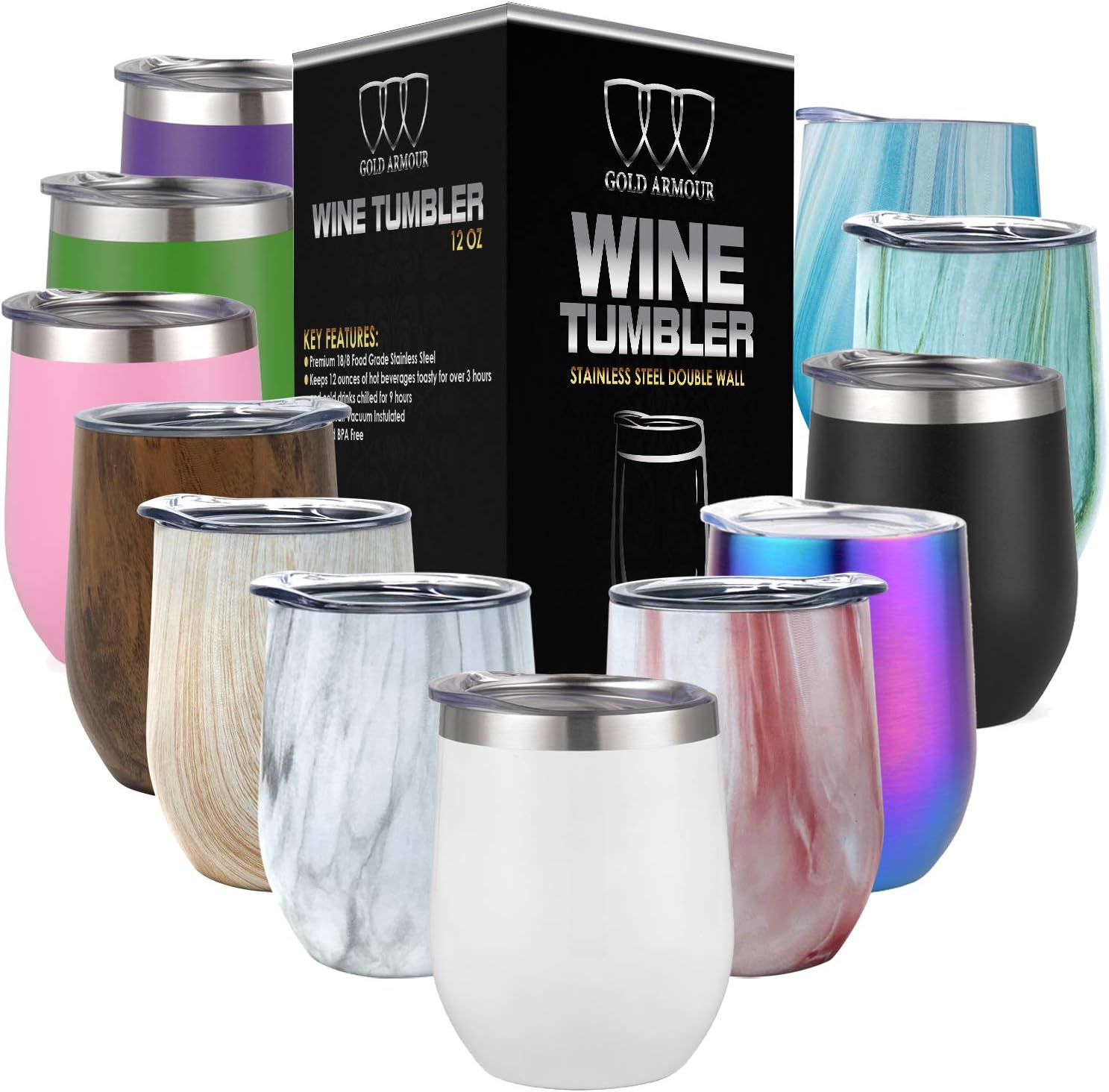 Gold Armour Stainless Steel Wine Glass Tumbler with Lid, 12 oz Double Wall Vacuum Insulated Travel Tumbler Cup, Coffee Water Bottle Cup (Sparkle White)