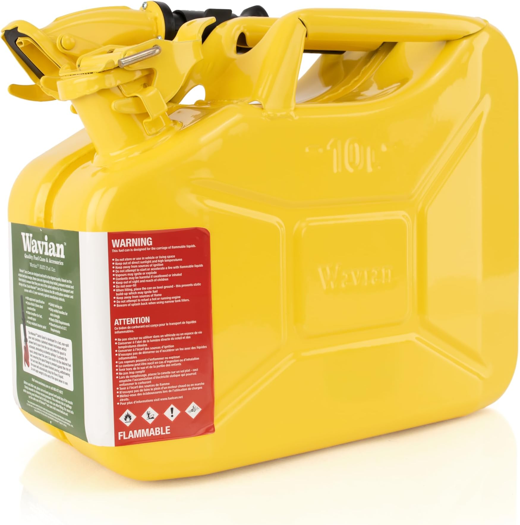 Wavian USA Authentic NATO Jerry Can and Spout System - Rust-Proof, EPA & CARB Compliant, 10 Litre, Yellow, Wavian 2.65 Gallon Gas Cans for Diesel