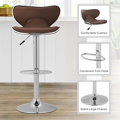 Miniatura 4 de Juego de 2 taburetes de bar, taburetes de bar con respaldo y reposapiés, sillas de bar giratorias ajustables de piel sintética, sillas de comedor,