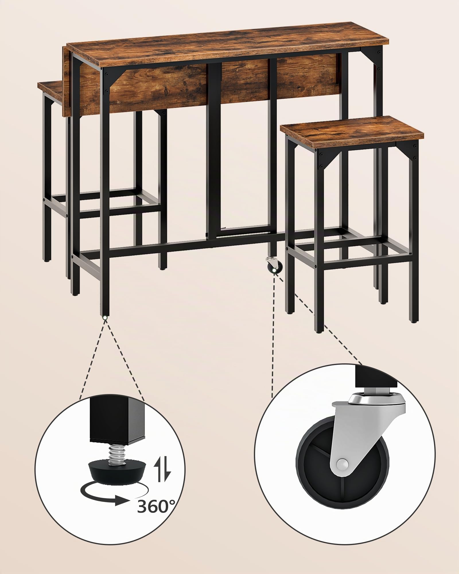 CHOEZON Juego de Mesa de Bar y 2 Taburetes, Mesa Alta Plegable de 100 cm, Estilo Industrial, para Comedor, Salón o Bar, Marrón Rústico y Negro DTBT02BF