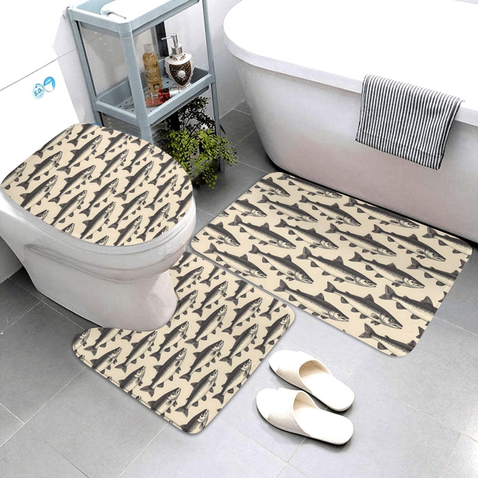 Tapis de salle de bain lavable en forme de U motif poisson pour WC et baignoire