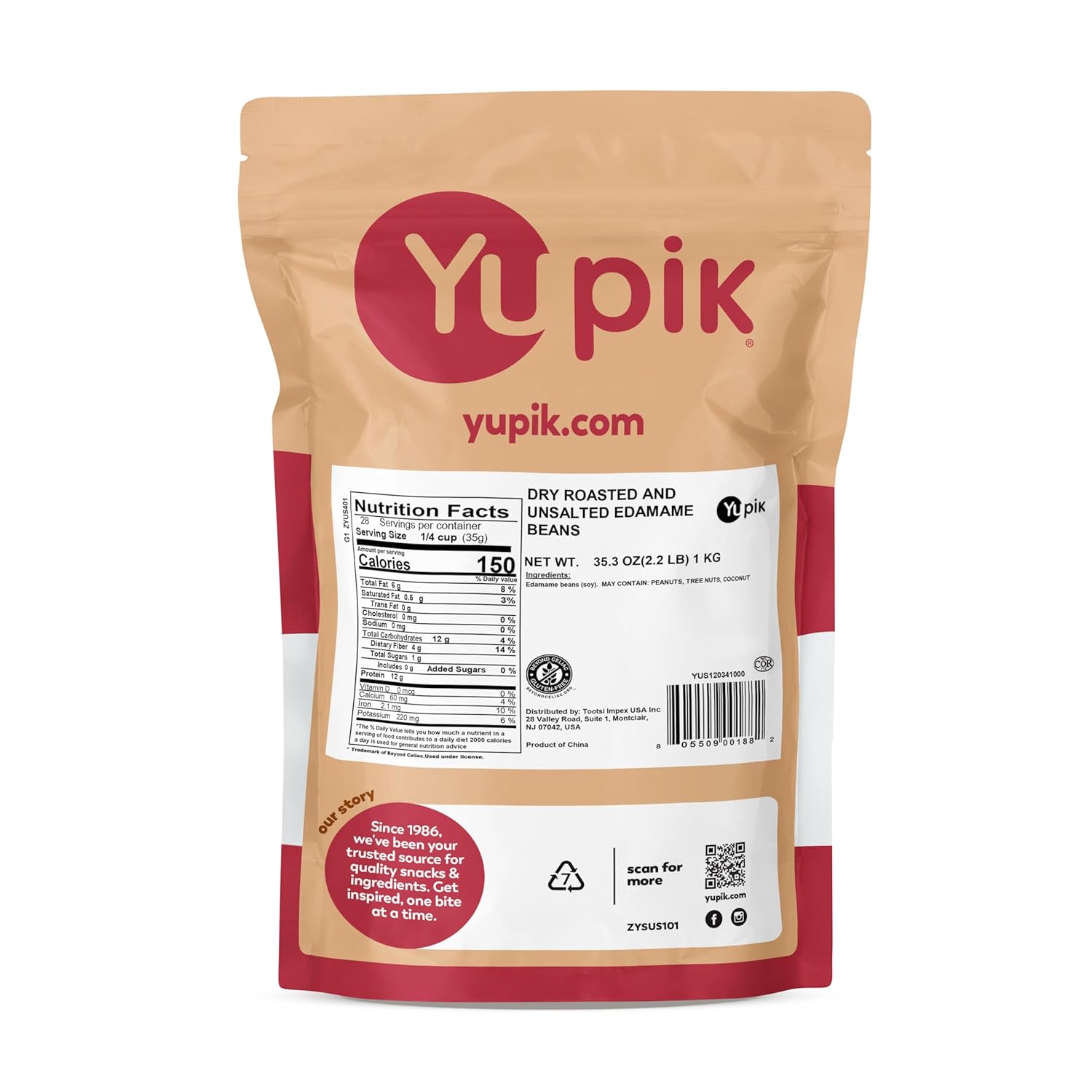 Yupik Dry Roasted Unsalted Edamame Beans, 2.2 lb (35.2 oz), High-Protein & Healthy Snack, Gluten-Free, Vegan, Kosher, Source of Fiber, Perfect for Culinary Creations