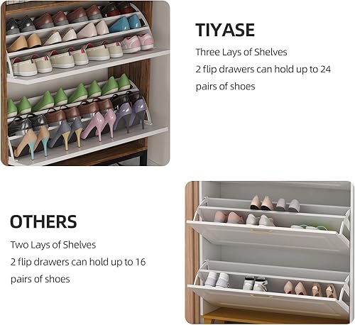 Miniatura 7 de TIYASE Armario de zapatos con 2 cajones abatibles, moderno armario de almacenamiento de zapatos para entrada, 28 pares de zapatero con estantes,