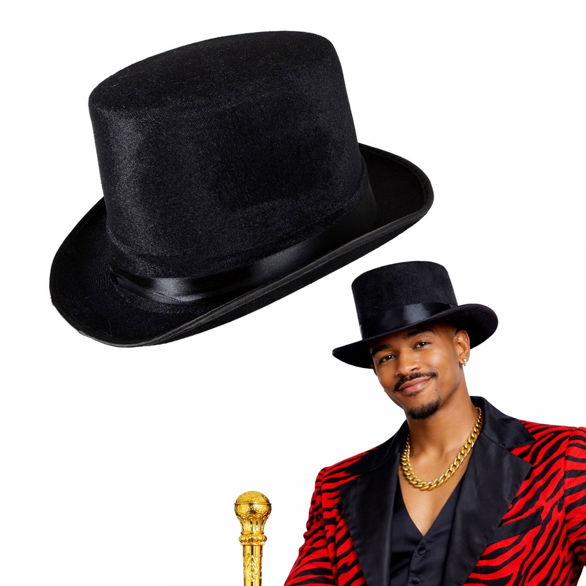 Makii Victorian Style Top Hat and Cane Set For Adults Black Top Hat Fancy Dress 1970's Gangster Pimp Staff For World Book Day Week (Top Hat Only)
