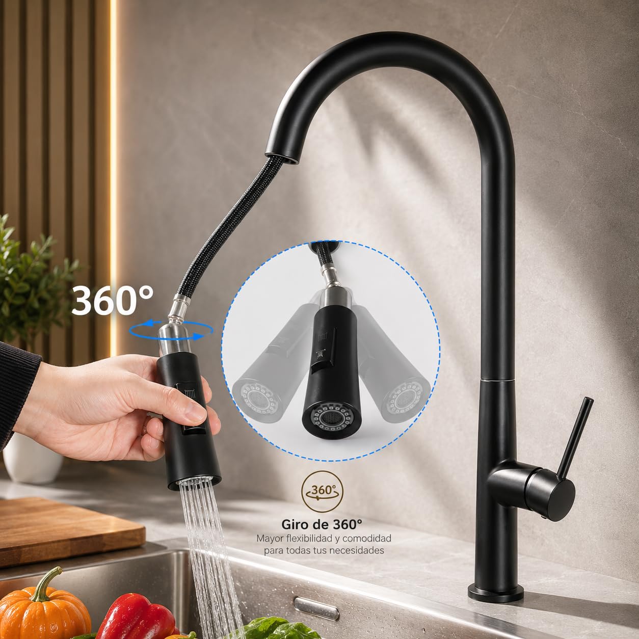 Grifo de Cocina Extraíble, Caño Alto, Giro 360°, Doble Chorro, Acero Inoxidable 304