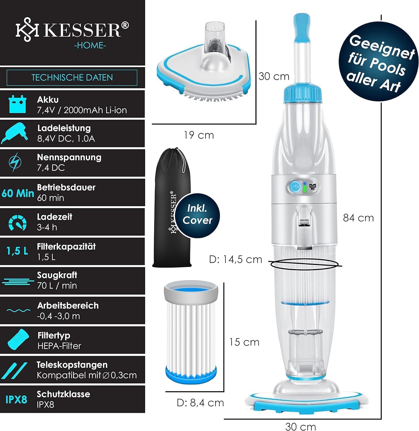 KESSER® Aspiratore per piscina con batteria | aspiratore elettrico per piscina | Pulitore per piscina con filtro e sistema a 2 velocità | Set di pulizia senza fili fino a 15 m³, con copertura